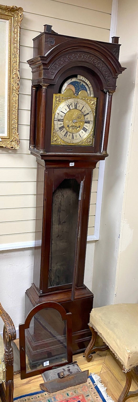 A George III mahogany longcase clock with moon phase, dial marked Radcliffe, Schofield Rochdale, height 229cm (requires restoration)